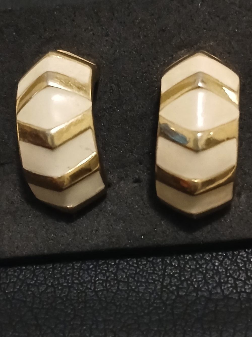 Vintage Monet Gold-Tone and Cream Chevron Detail Earrings